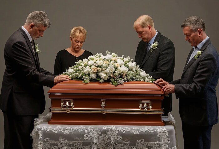 A family praying for their deceased during funeral