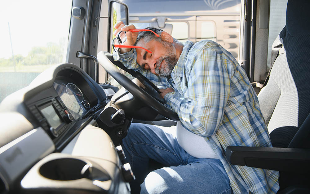 A truck driver resting on a truck steering.